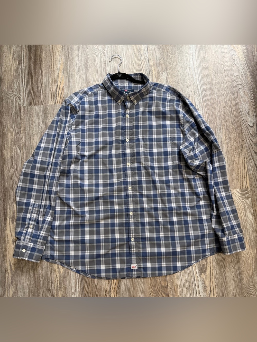 Vineyard Vines Men's Blue and Gray Plaid Classic Fit Murray Button-Down Shirt